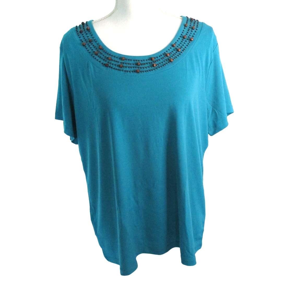 Evan Picone Women's Plus Short Sleeve Aqua Beaded Neck Stretch Shirt Nwt Size 2x